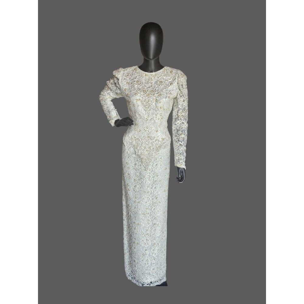 Vintage Ivory Beaded Lace Long Sleeve Fitted Sheath Wedding Gown